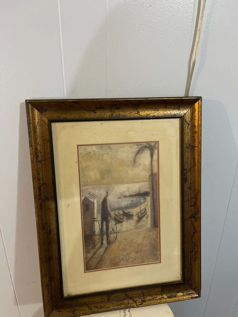 Vintage Framed Coastal Impressionist Art Print with Bicyclist and Palm Tree